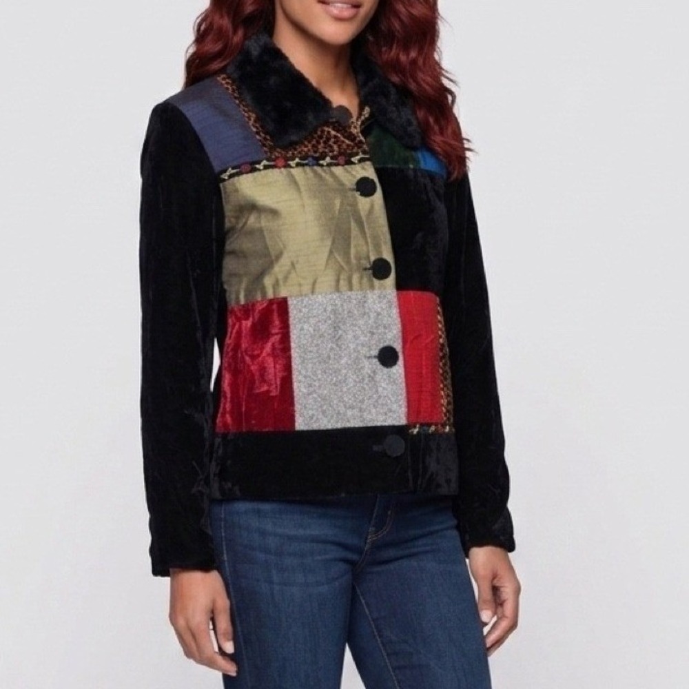 Vintage Lucia Lakken Patchwork Jacket Womens Large Multicolor LS Velvet Faux Fur